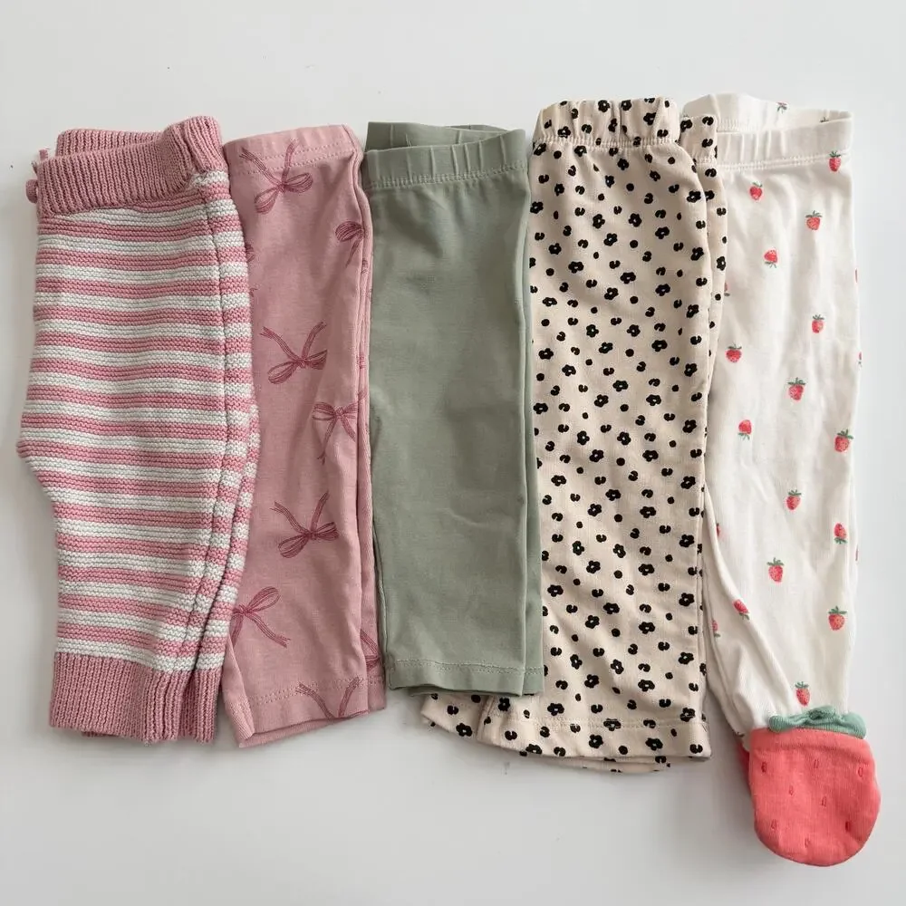 5x Carter’s H&M Cat & Jack baby girl pants stripe bow strawberry leopard print